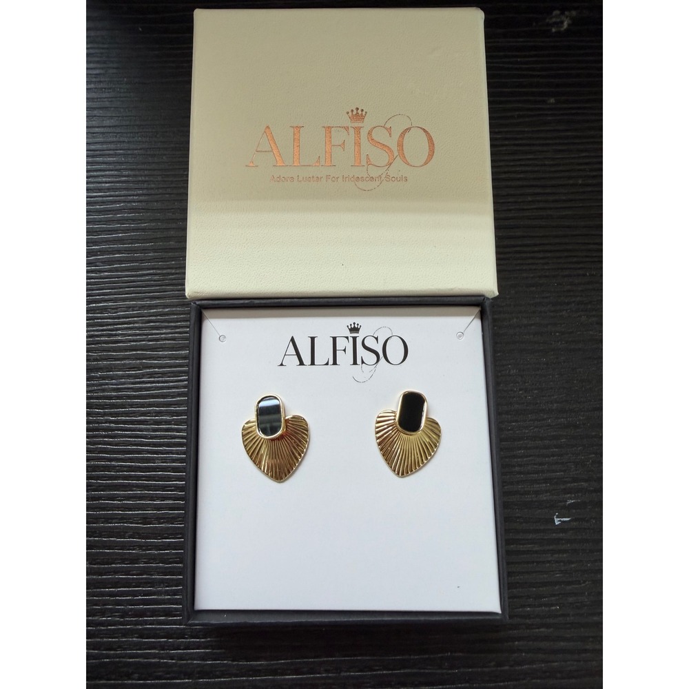 Alfiso Gold Tone Heart Drop Earrings Black Accent Textured Fan Gift Boxed NEW